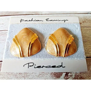 Tan and Gold Tone Triangle Earrings - Vintage 1980s